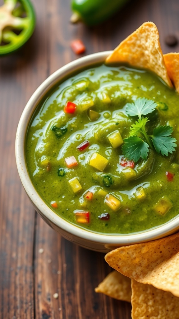 A bowl of roasted salsa verde with tortilla chips on a rustic wooden table.